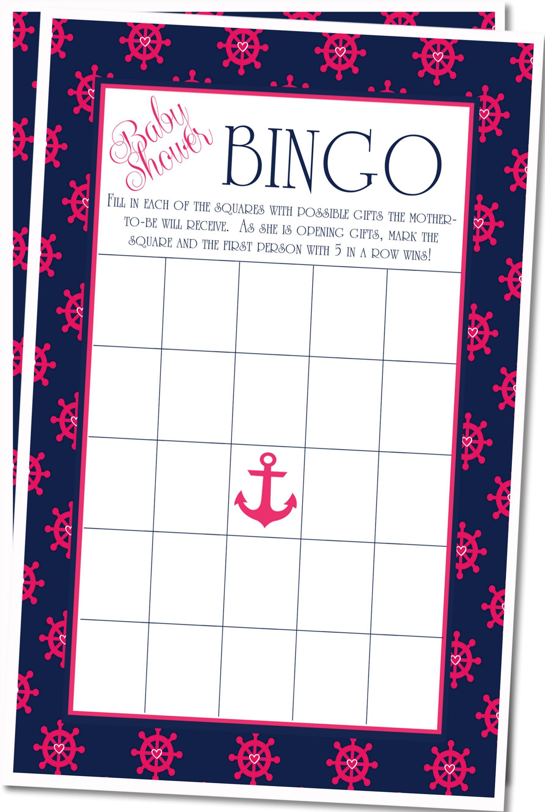 Girls Nautical Baby Shower Bingo Cards