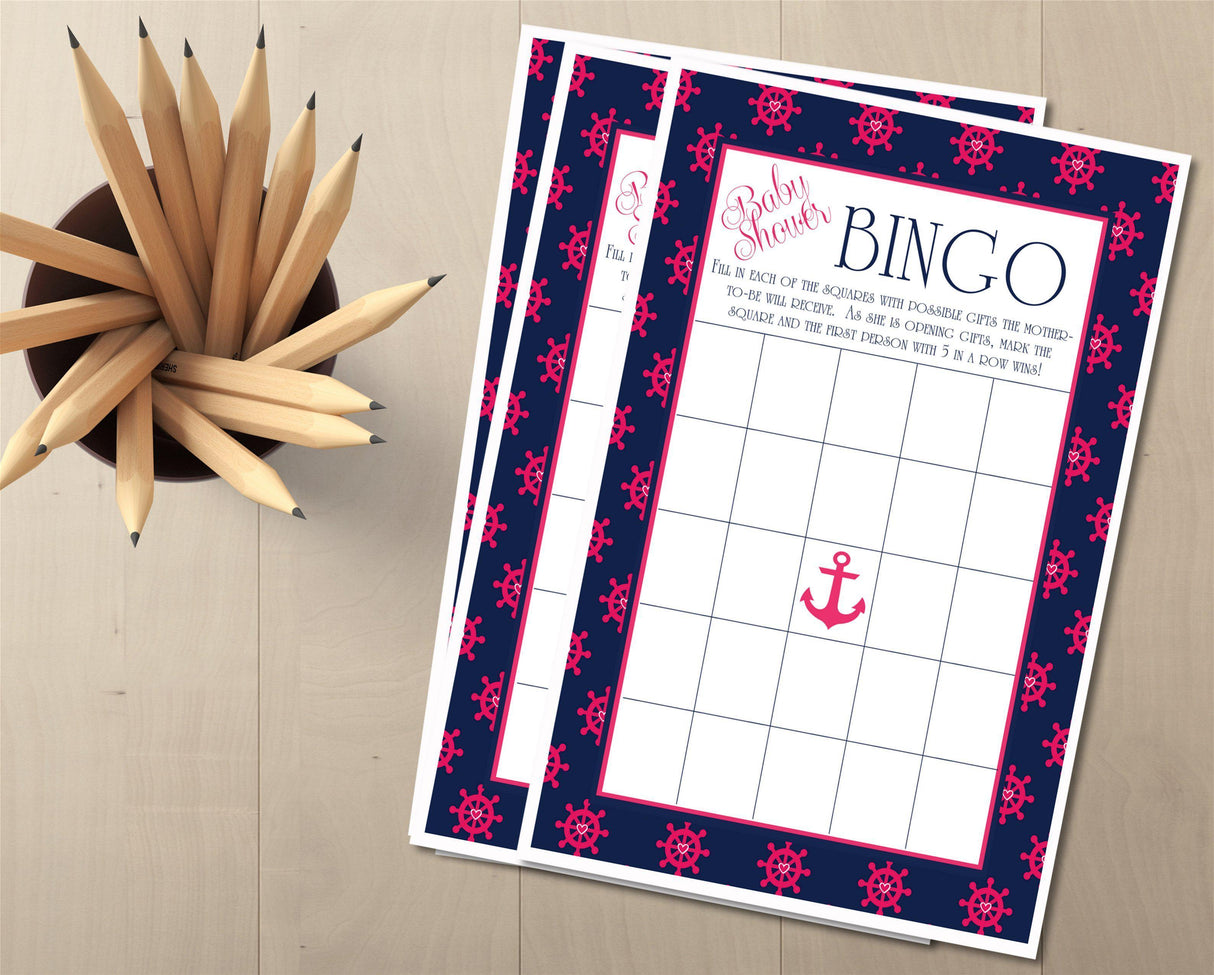 Girls Nautical Baby Shower Bingo Cards