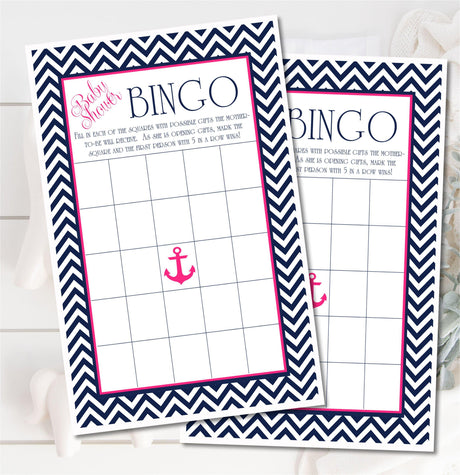 Girls Nautical Baby Shower Bingo Cards