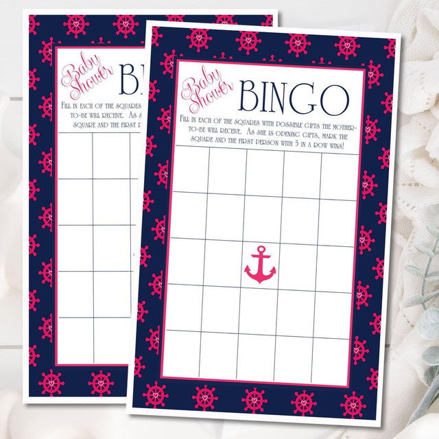 Girls Nautical Baby Shower Bingo Cards