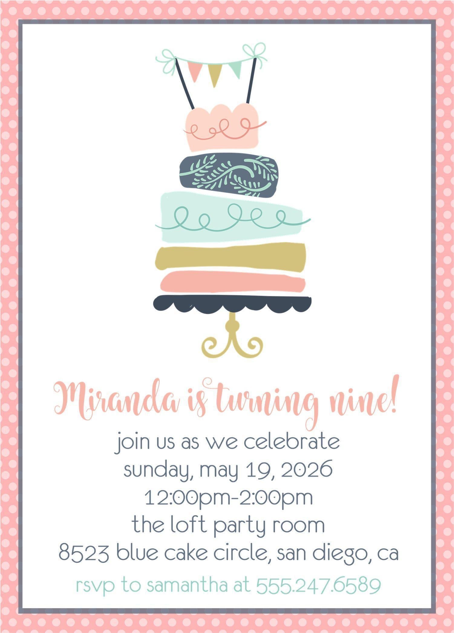 Girls Pastel Cake Birthday Party Invitations