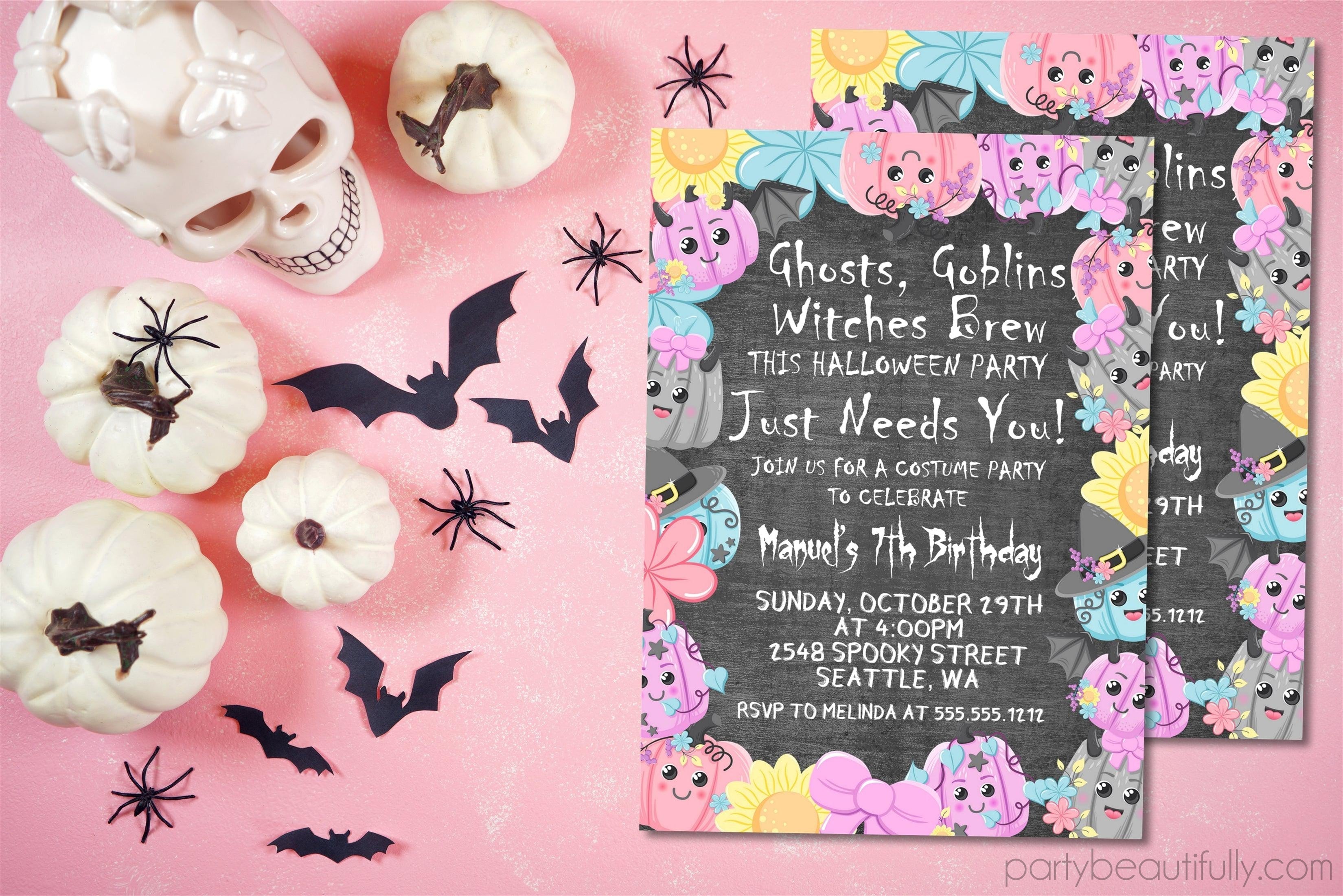 Girls Pastel Halloween Pumpkin Birthday Party Invitations
