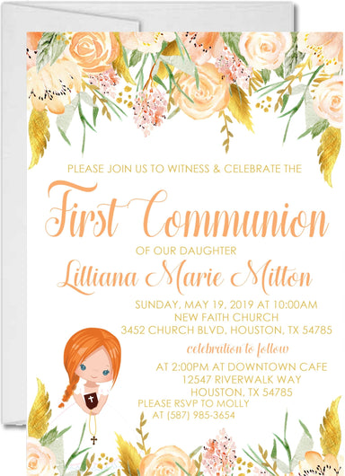 Girls Peach And Gold First Communion Invitations