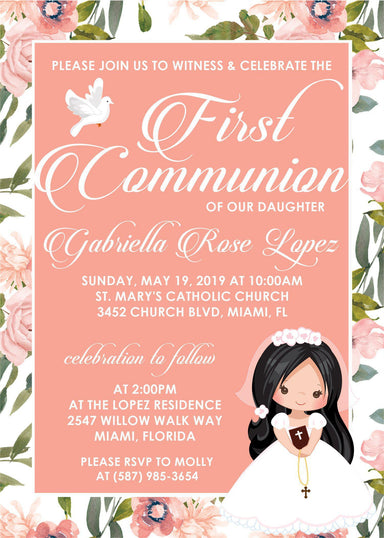 Girls Peach Floral First Communion Invitations