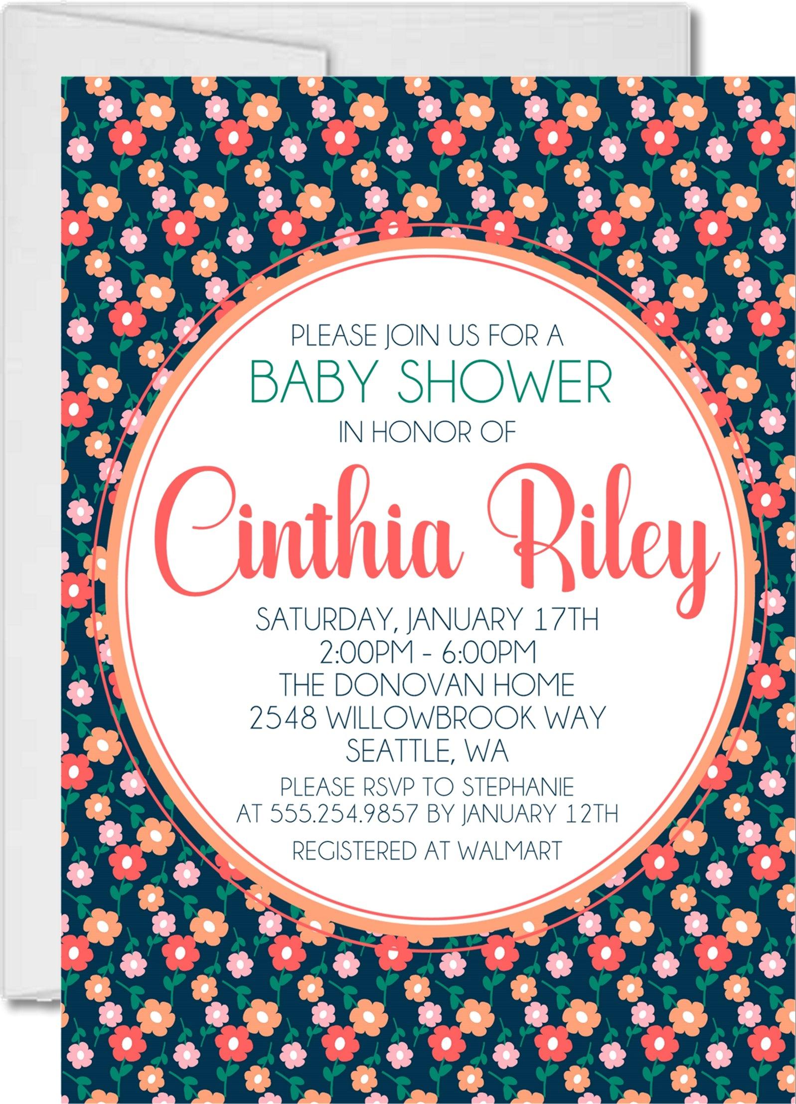 Girls Peach & Navy Floral Baby Shower Invitations
