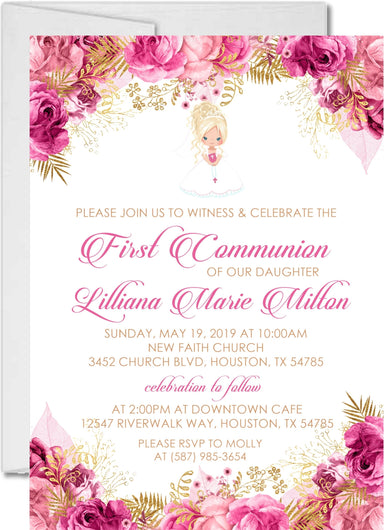 Girls Pink And Gold First Communion Invitations