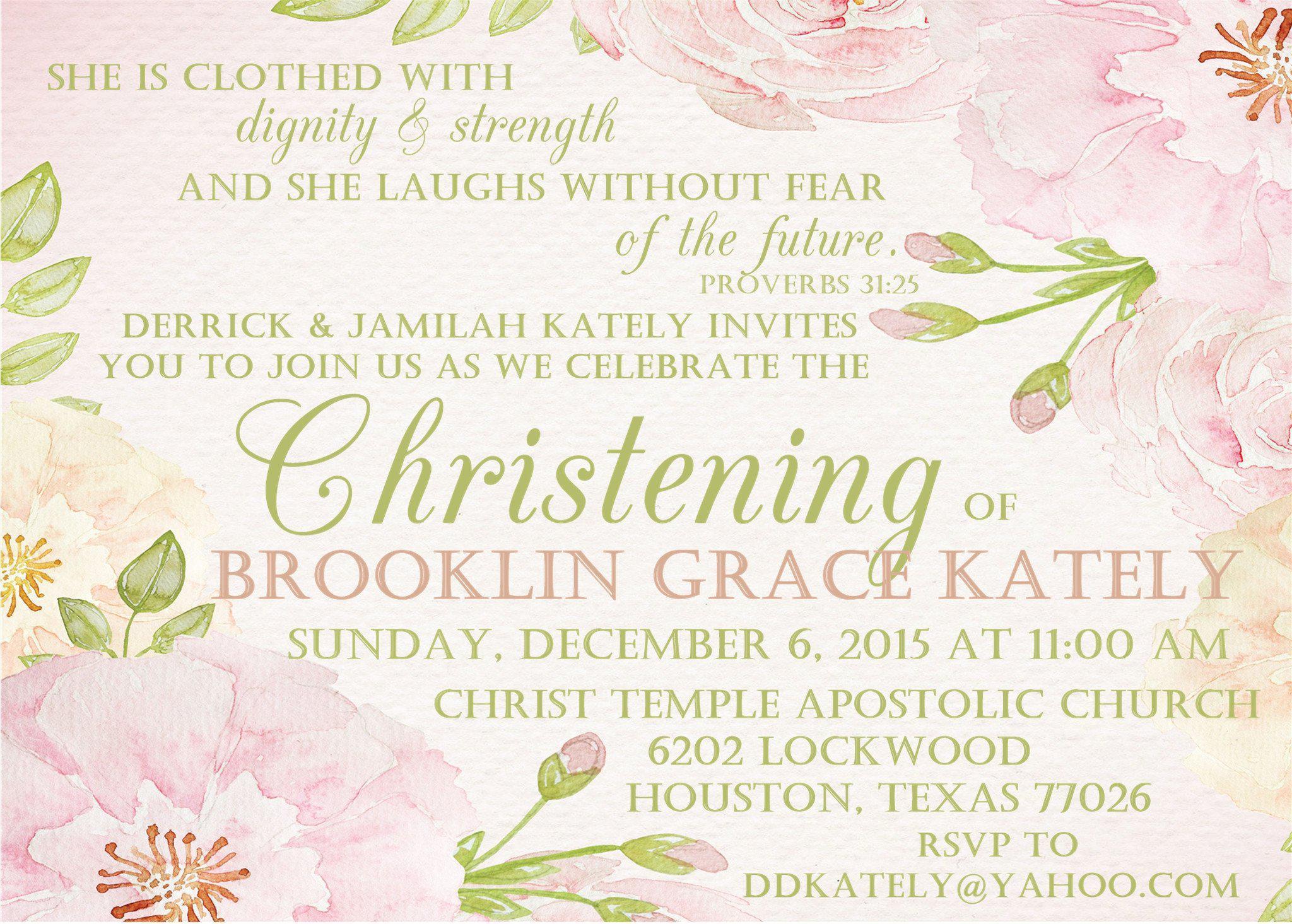 Girls Pink And Green Christening Invitations