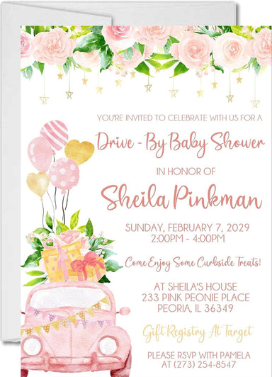Girls Pink Drive By Baby Shower Invitations