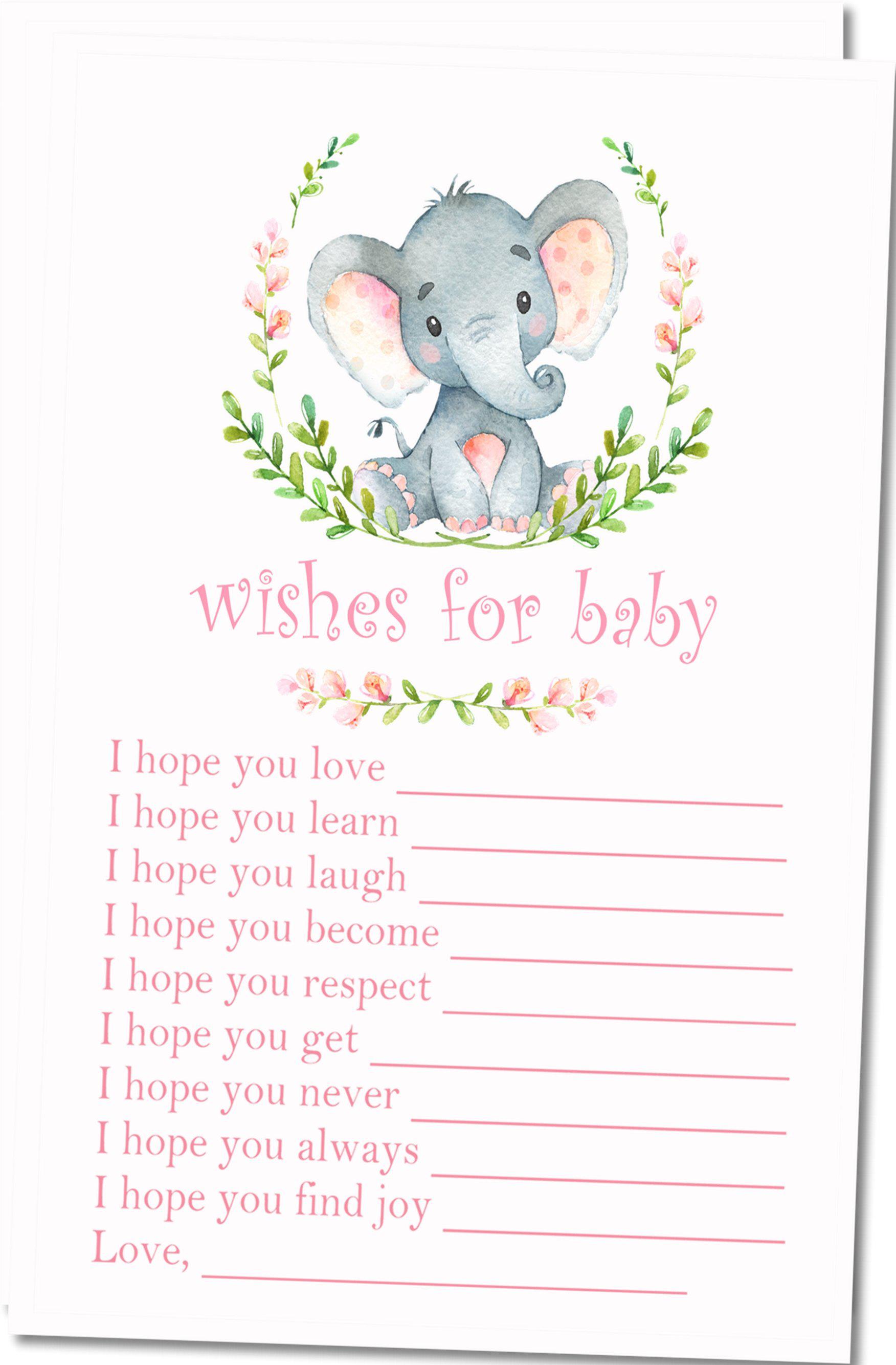 Girls Pink Elephant Baby Shower Wish Card - INSTANT DOWNLOAD PDF FILE