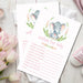Girls Pink Elephant Baby Shower Wish Card - INSTANT DOWNLOAD PDF FILE