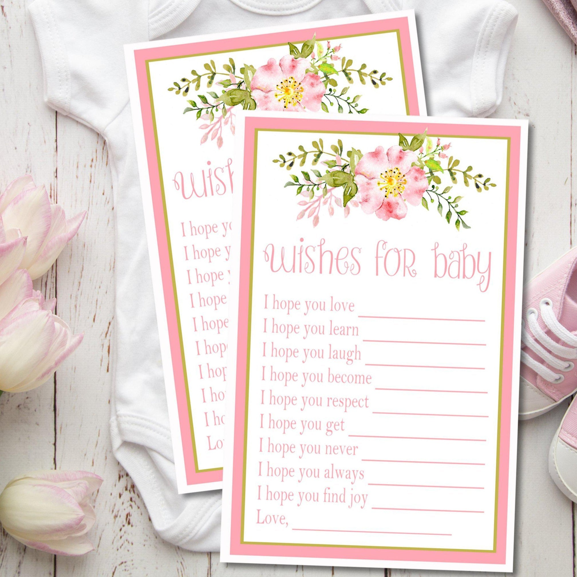 Girls Pink Floral Baby Shower Wish Cards