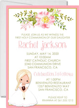 Girls Pink Floral First Communion Invitations
