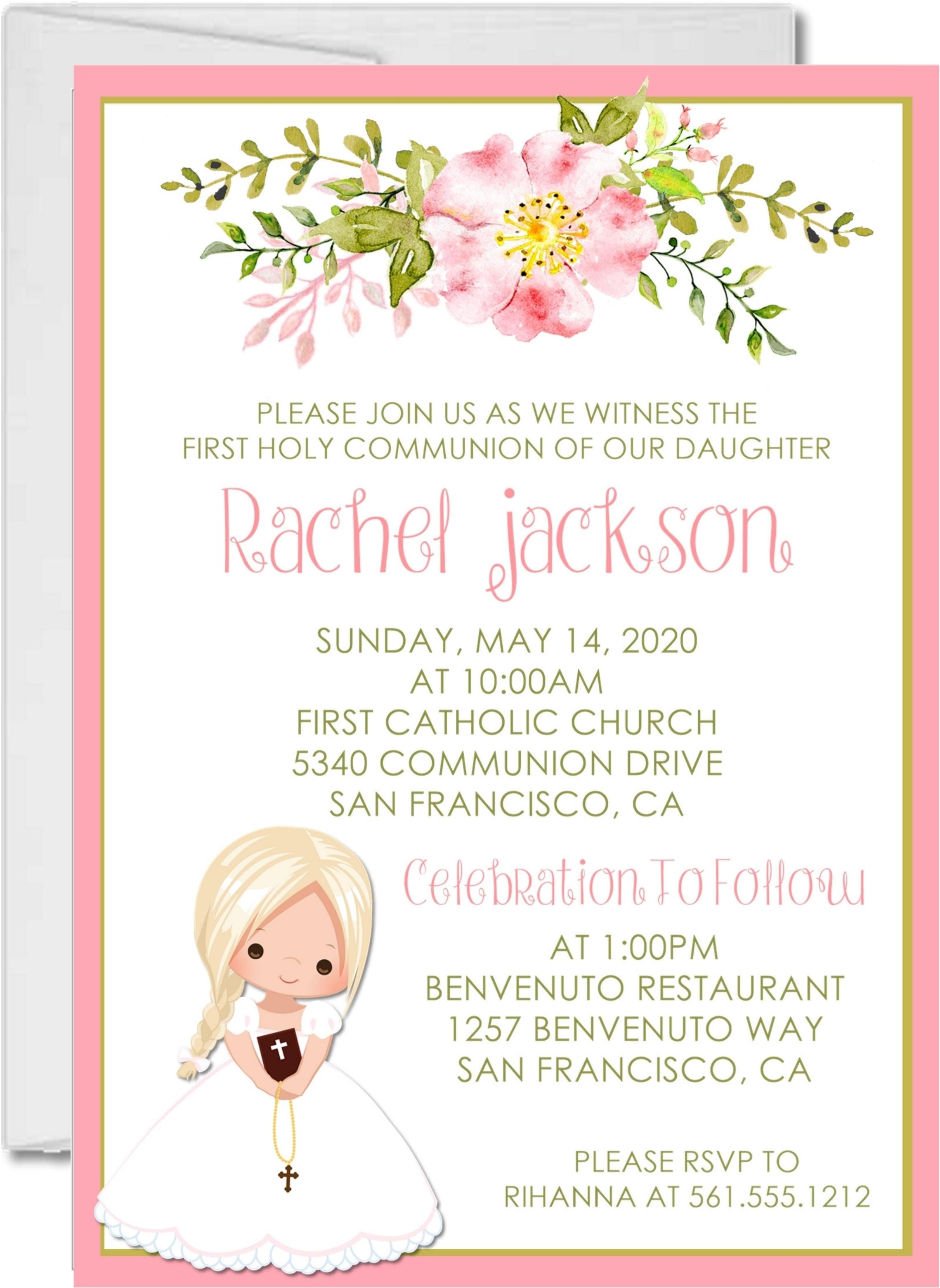 Girls Pink Floral First Communion Invitations