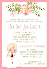 Girls Pink Floral First Communion Invitations