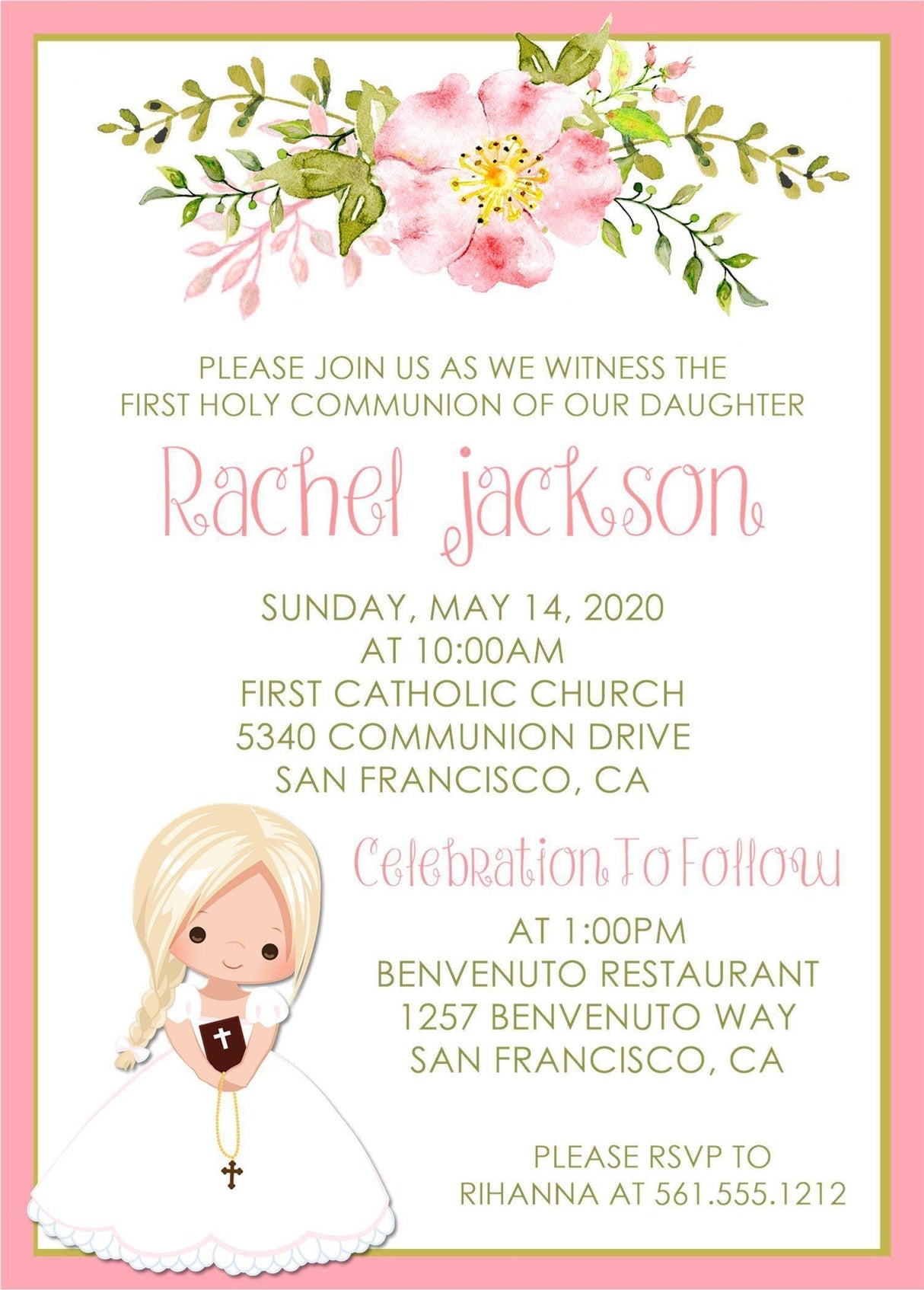 Girls Pink Floral First Communion Invitations