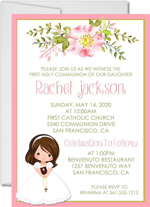 Girls Pink Floral First Communion Invitations