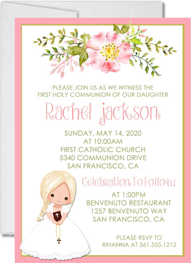 Girls Pink Floral First Communion Invitations