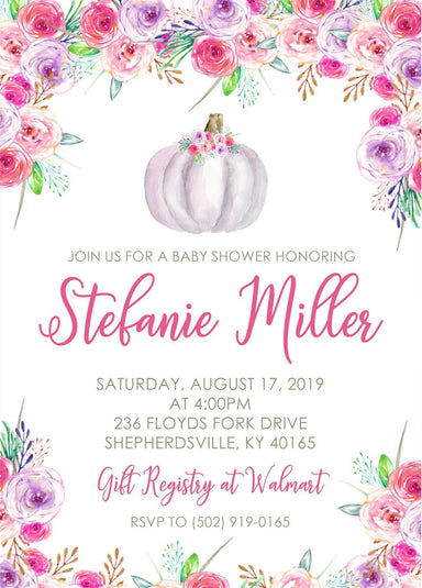 Girls Pink & Purple Pumpkin Fall Baby Shower Invitations