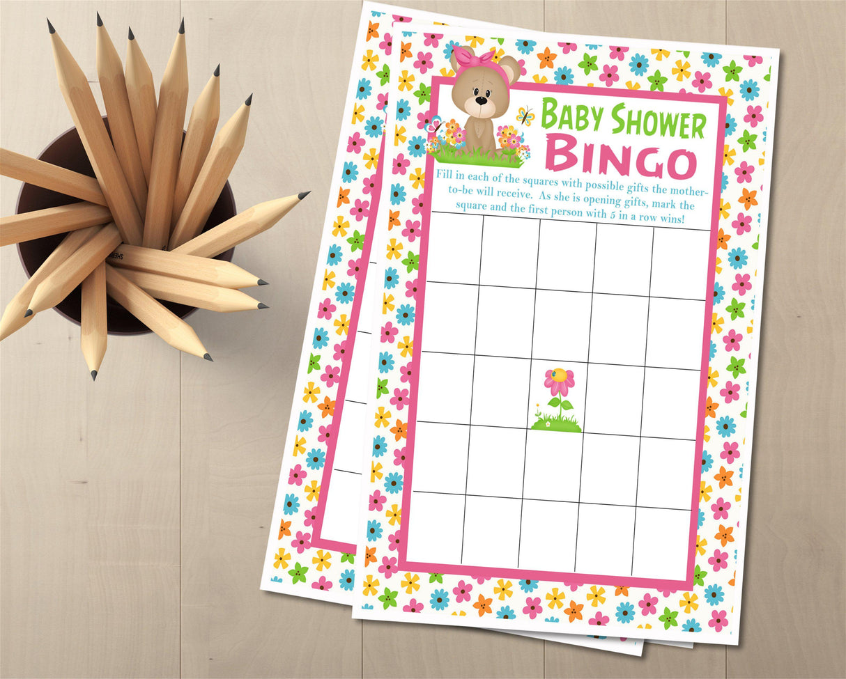Girls Spring Time Teddy Bear Baby Shower Bingo Cards