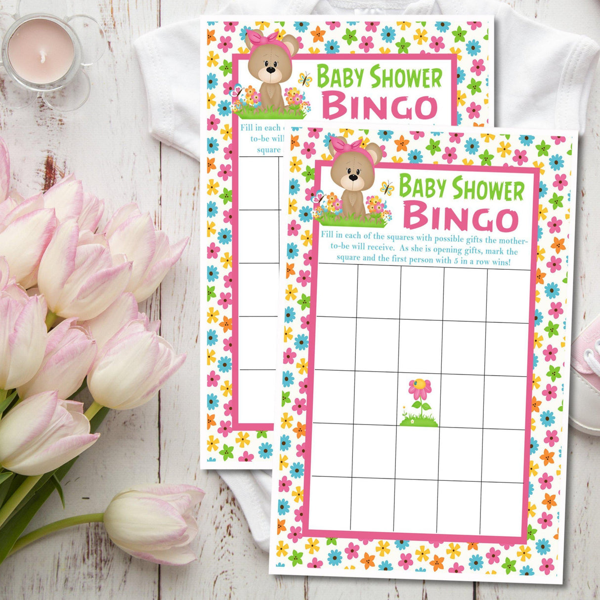 Girls Spring Time Teddy Bear Baby Shower Bingo Cards