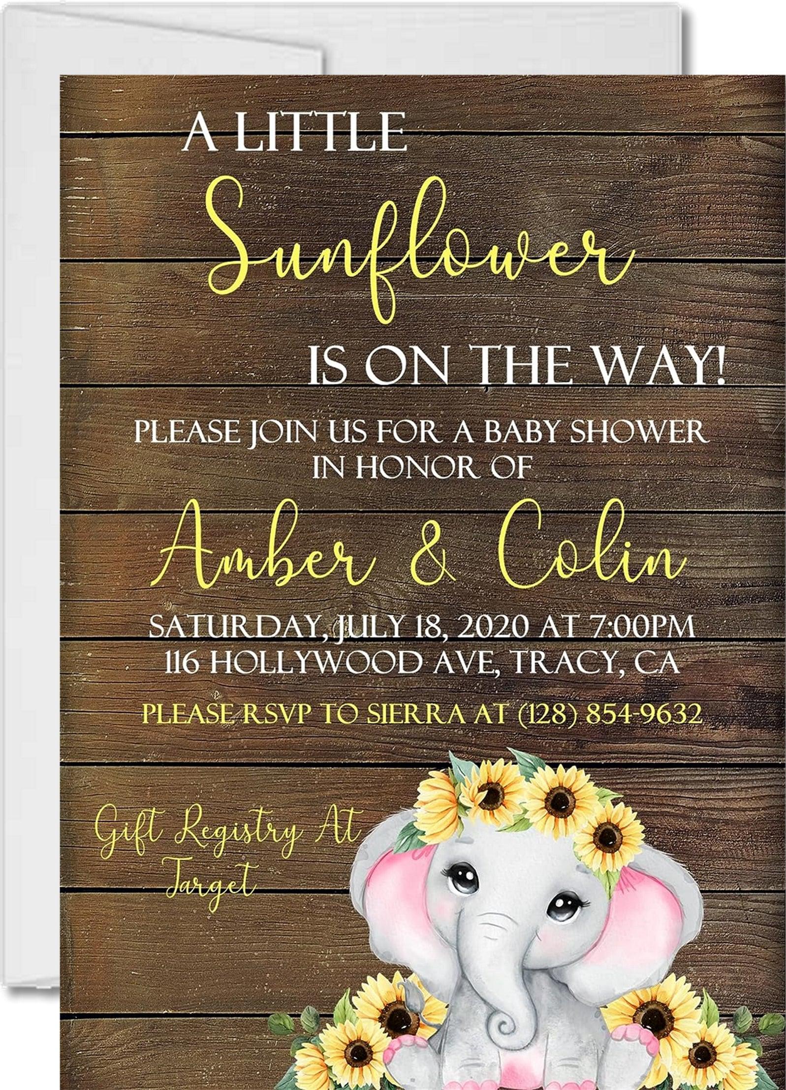 Girls Sunflower Elephant Baby Shower Invitations