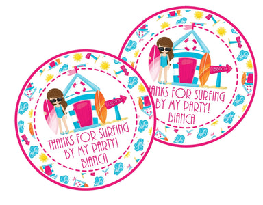 Girls Surfing Birthday Party Stickers or Favor Tags
