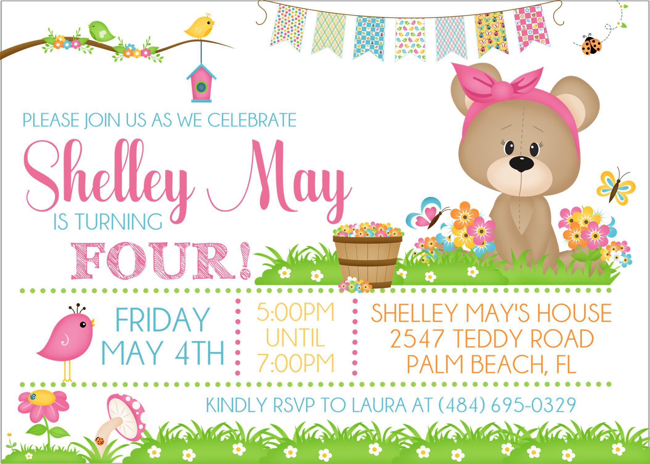 Girls Teddy Bear Birthday Party Invitations