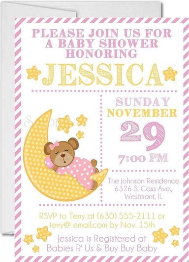 Girls Teddy Bear Over The Moon Bear Baby Shower Invitations