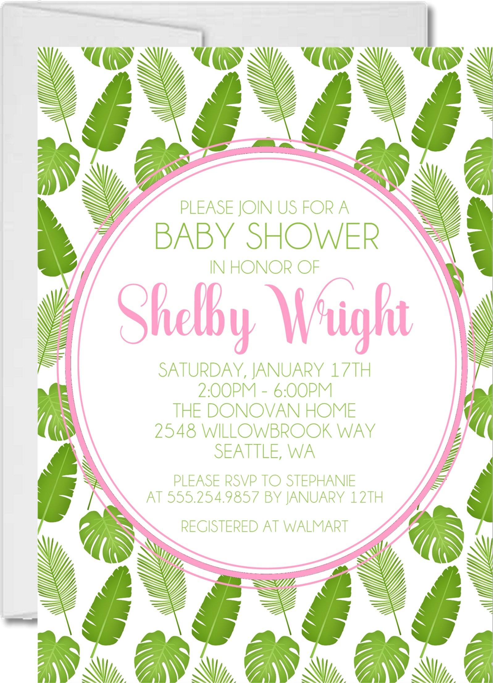 Girls Tropical Leaf Baby Shower Invitations