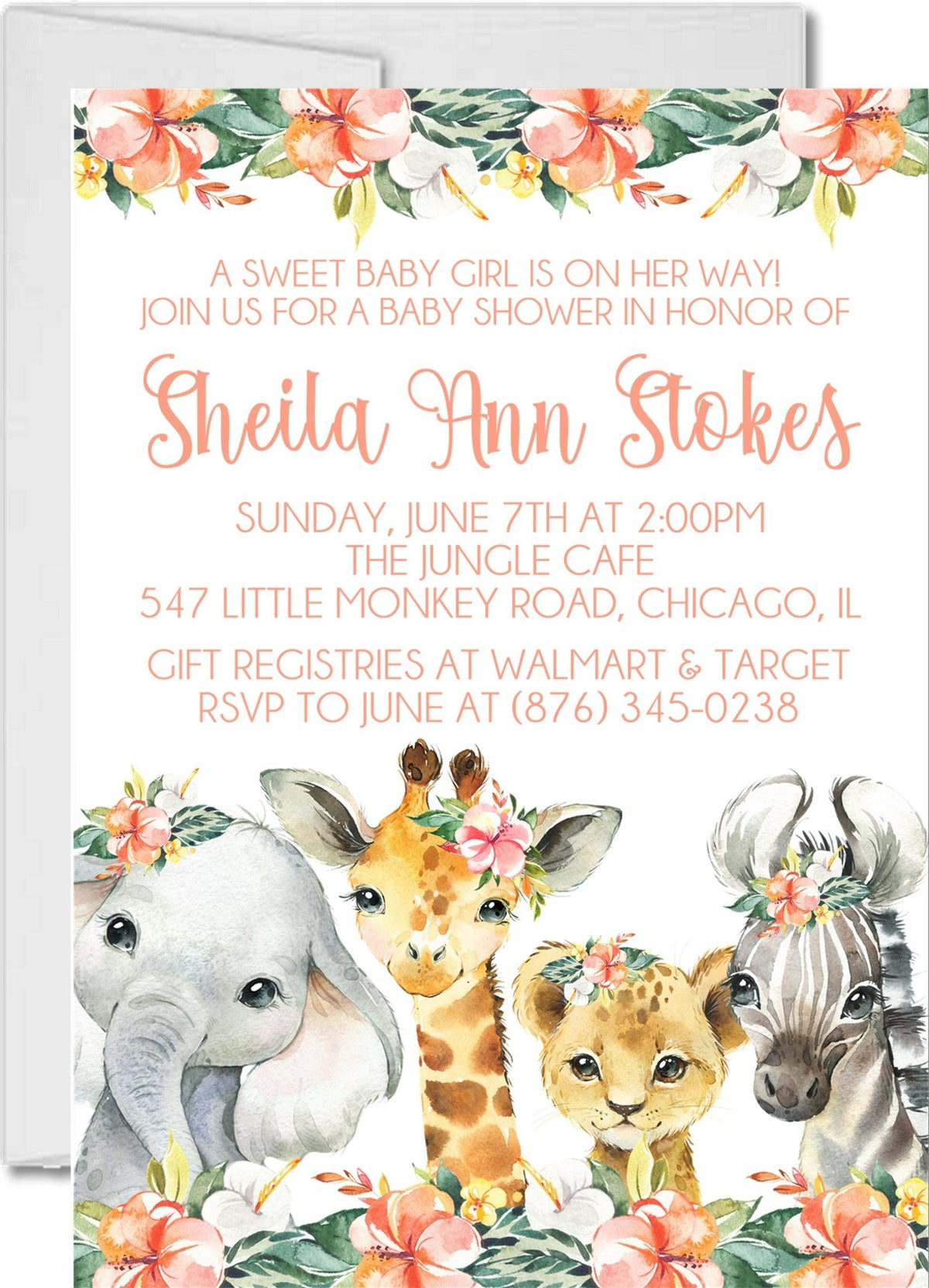 Girls Tropical Safari Animals Baby Shower Invitations — Party Beautifully