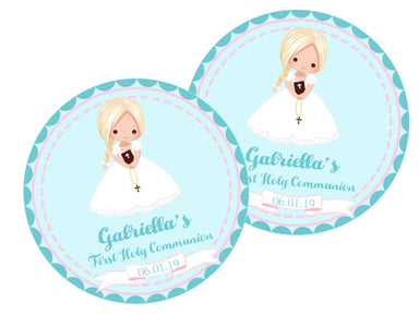 Girls Turquoise First Communion Stickers Or Favor Tags