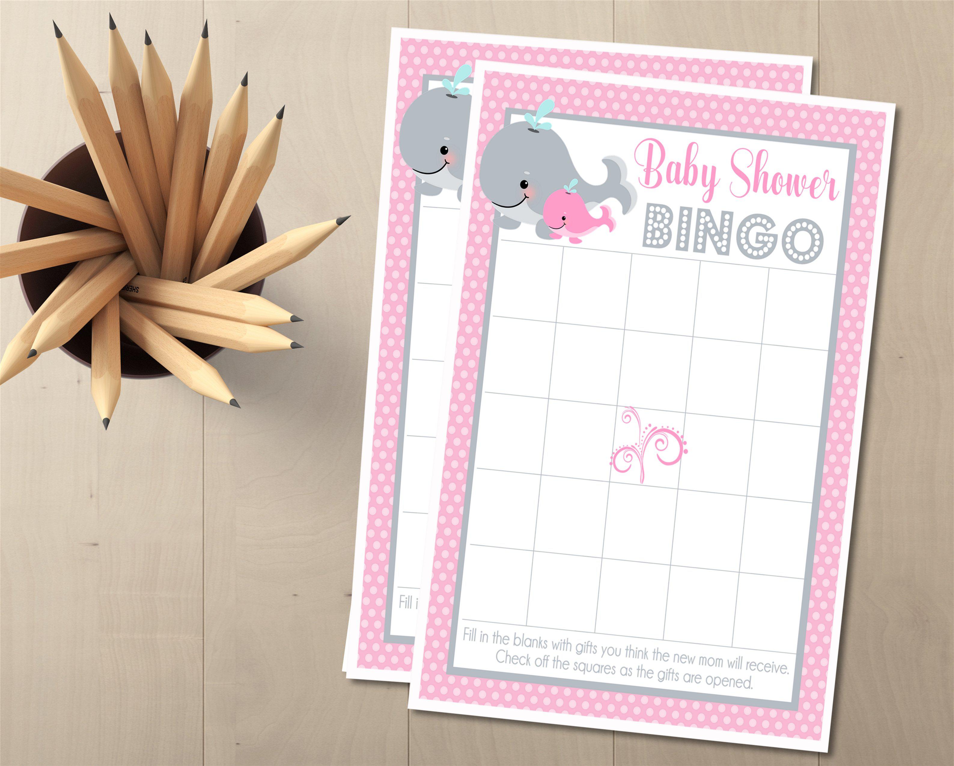Girls Whale Baby Shower Bingo Cards