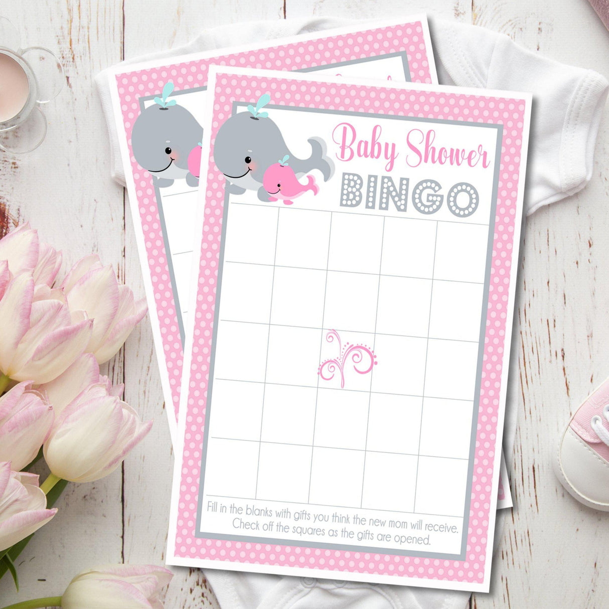 Girls Whale Baby Shower Bingo Cards