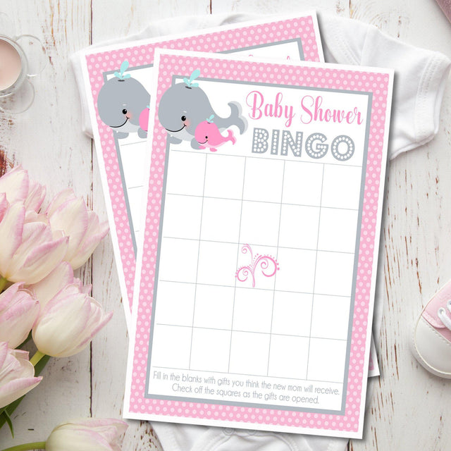 Girls Whale Baby Shower Bingo Cards