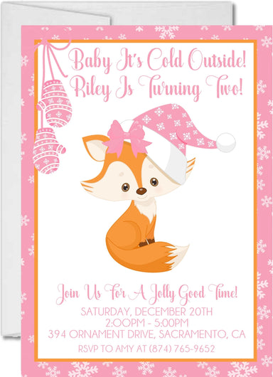 Girls Winter Fox Birthday Party Invitations