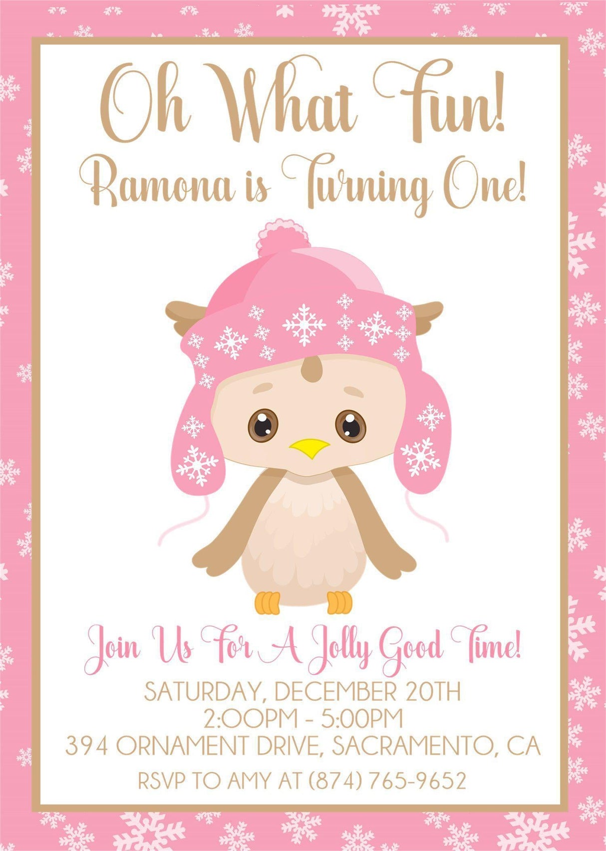 Girls Winter Owl 1st Birthday Party Invitations
