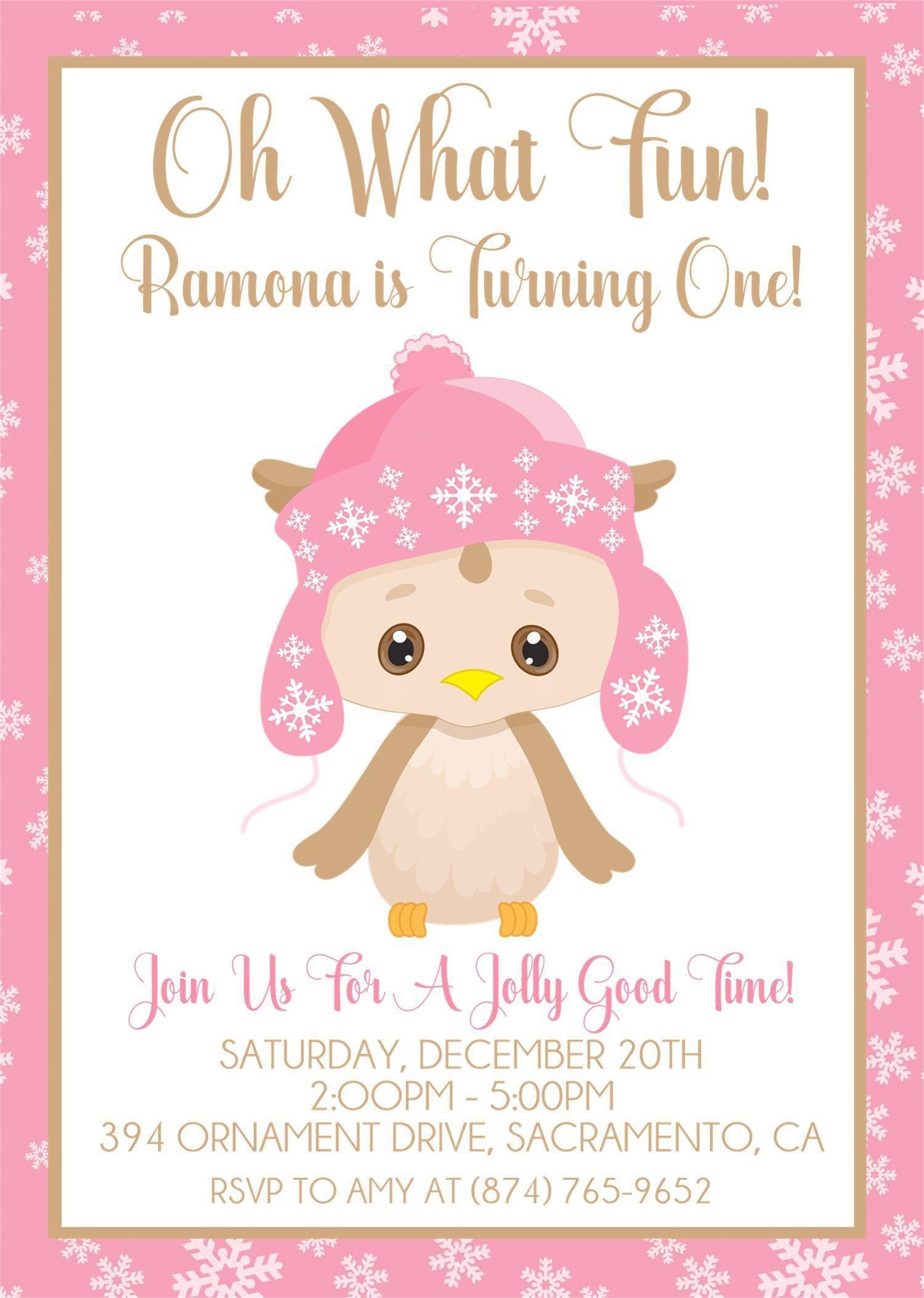 Girls Winter Owl 1st Birthday Party Invitations