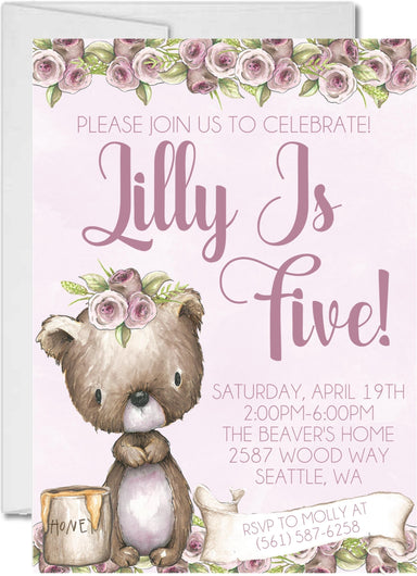 Girls Woodland Bear Birthday Party Invitations