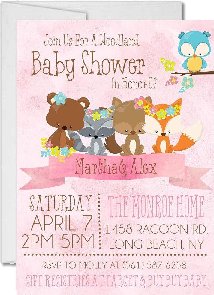 Girls Woodlands Baby Shower Invitations