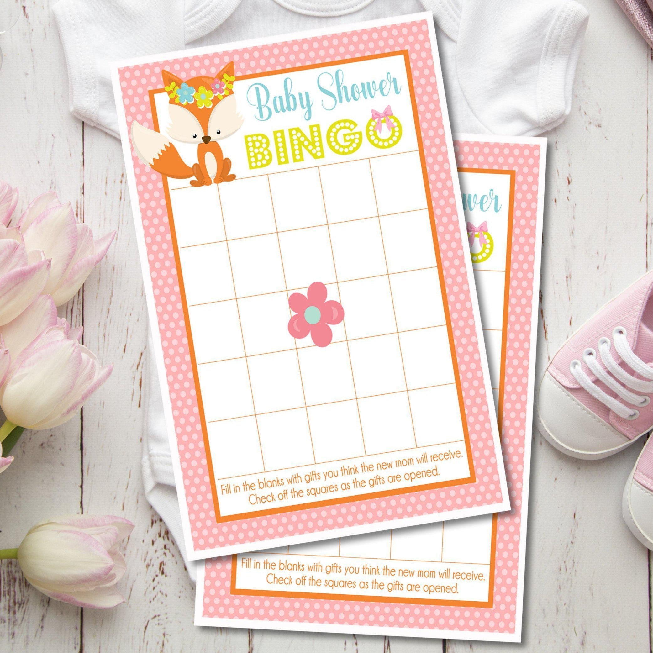 Girls Woodlands Fox Baby Shower Bingo Cards