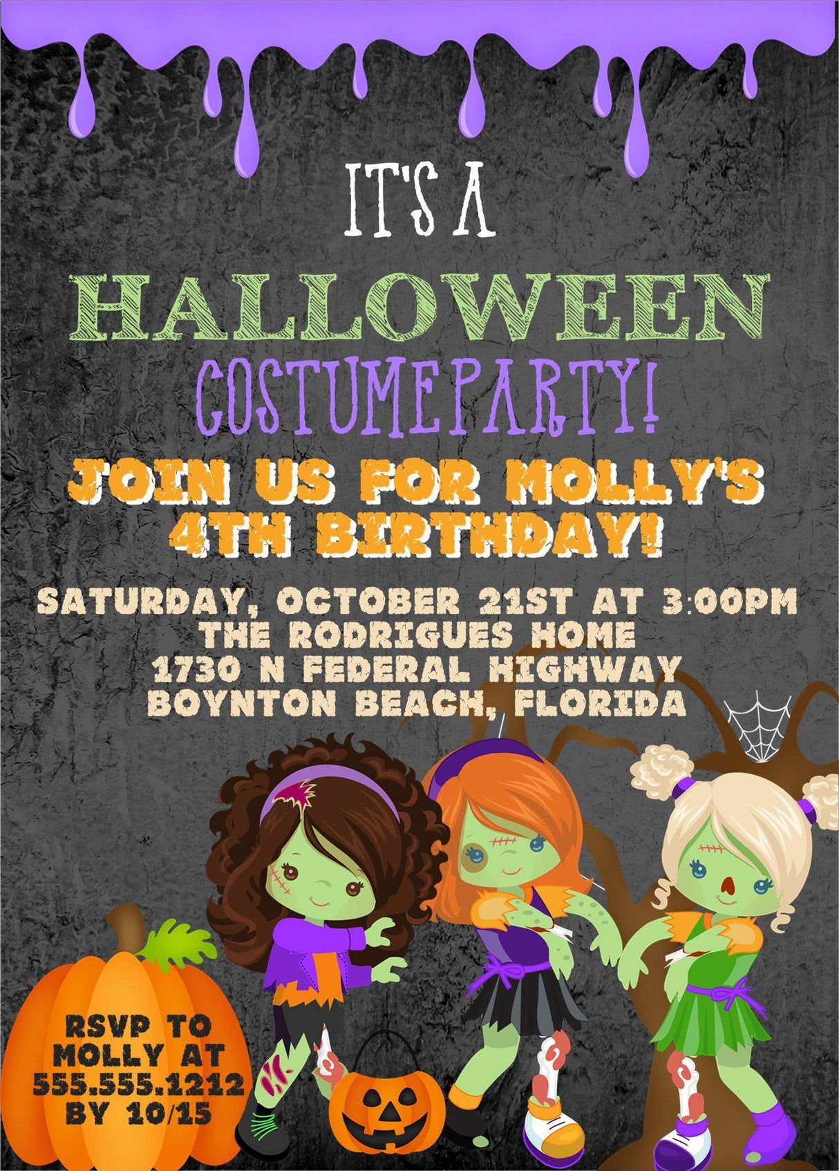 Girls Zombie Halloween Birthday Party Invitations