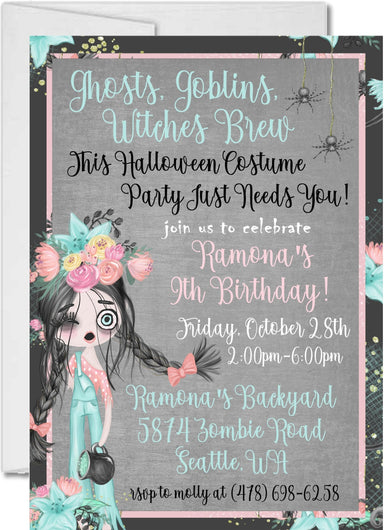 Girls Zombie Halloween Birthday Party Invitations