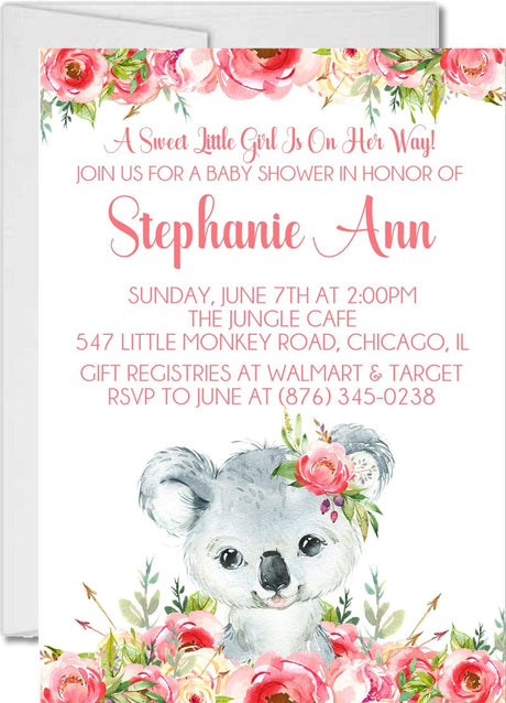 Girls Koala Baby Shower Invitations pink roses