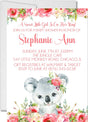 Girls Koala Baby Shower Invitations pink roses