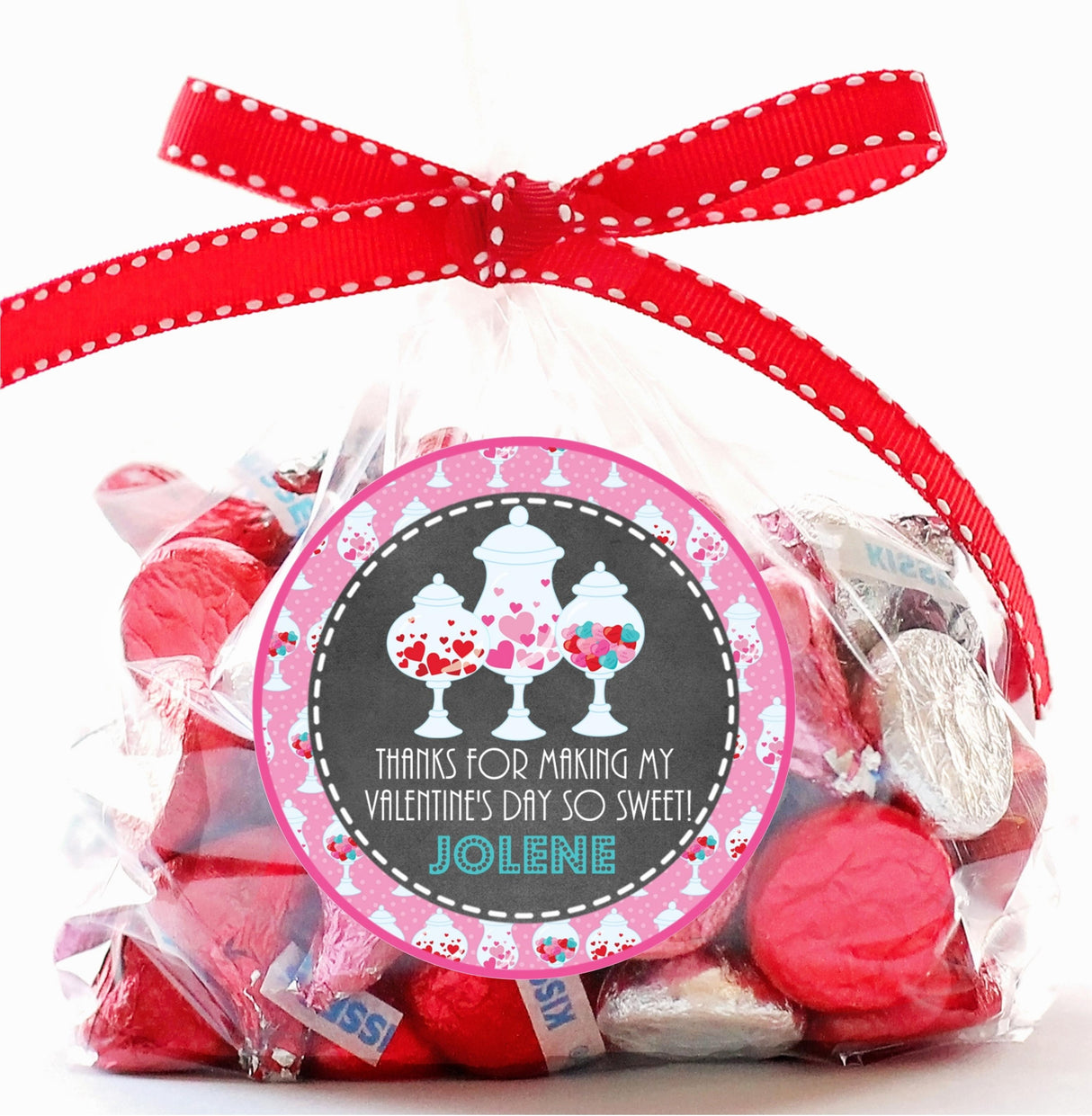 Girls Valentine candy favor label with hearts and jar artwork