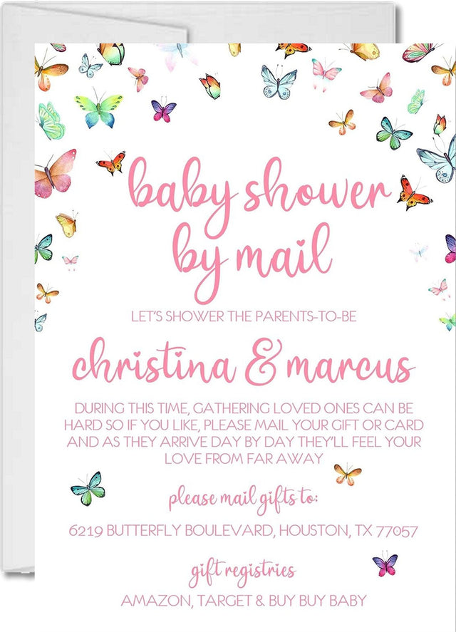 Girls baby shower by mail invitations butterfly floral design