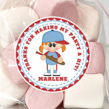 Girls baseball player birthday favor sticker with red star border