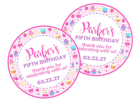 Girls cupcake party favor label in pink and purple