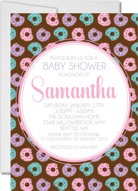 Girls donut baby shower invitations colorful sprinkle donut design