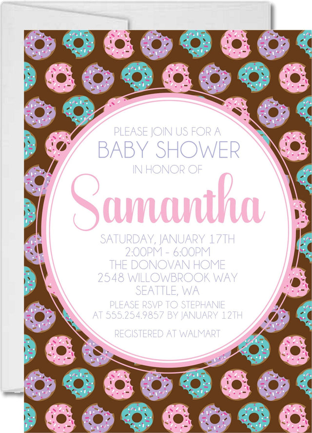 Girls donut baby shower invitations colorful sprinkle donut design